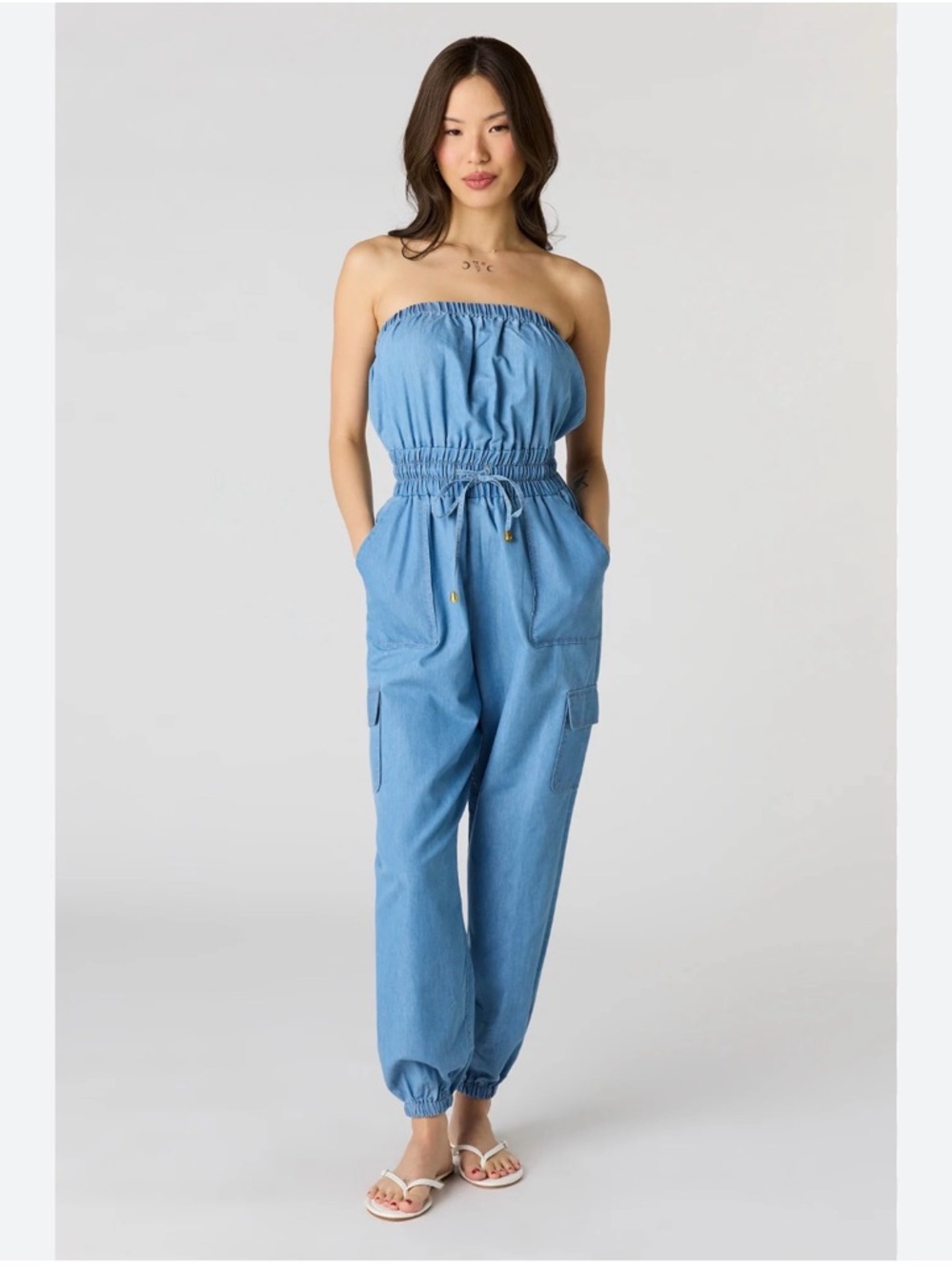 New Light Blue Strapless Denim Jumpsuit with Utility Pockets Gold Hardware